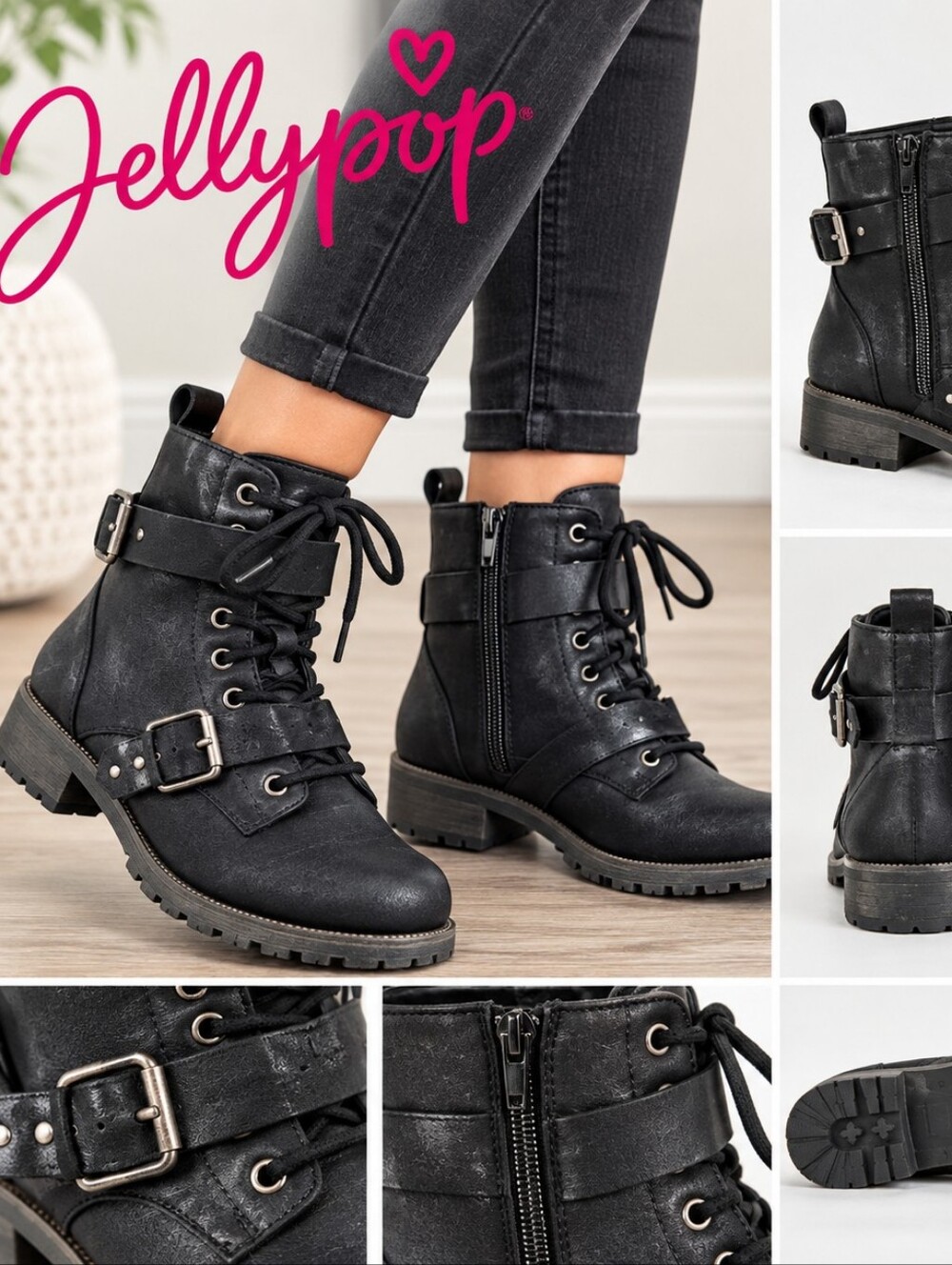 Jellypop Black Lace-Up Combat Ankle Boots with Buckle
